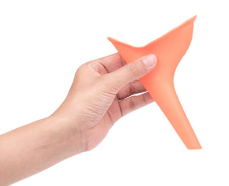 Hand holding Portable Urinal Funnel for Urination, Female isolated on white backgroundの写真素材