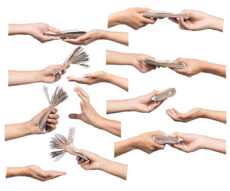 Collection hands giving money isolated on white backgroundの写真素材