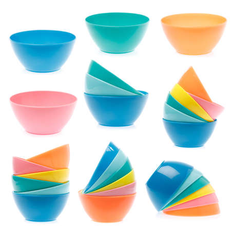 Set of empty plastic bowl isolated on white backgroundの写真素材