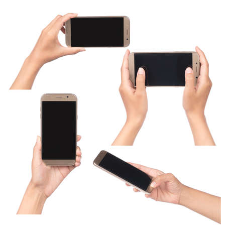 Collection of Touch screen mobile phone in hand isolated on white background