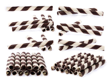Collection Striped wafer rolls filled isolated on white background.