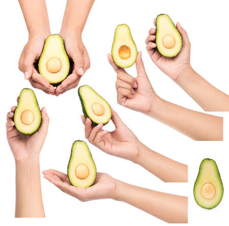 Collection of hand holding avocado isolated on white background.の写真素材