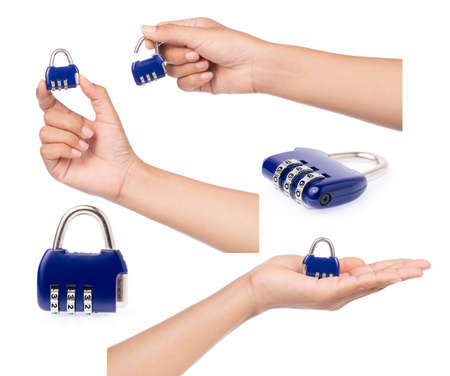 Collection of hand holding Key Code lock isolated on white background