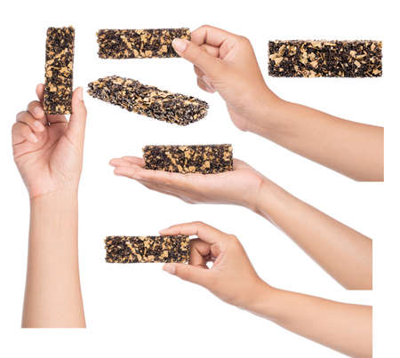 Collection of Hand holding snacks cereals whole grains for healthy isolated on white background.