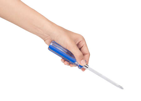 hand holding blue screwdriver isolated on white backgroundの写真素材