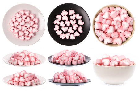 Collection of sweet marshmallow on plate isolated on white background.の写真素材