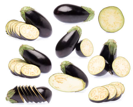 Collection of slice eggplant isolated on white backgroundの写真素材