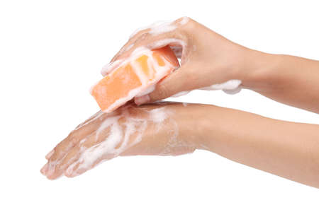 Washing hand with soap isolated on white background