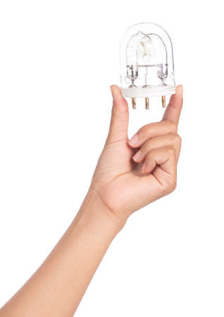 hand holding LED light bulb isolated on white background with clipping path.の写真素材