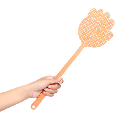 hand holding Flyswatter isolated on white backgroundの写真素材
