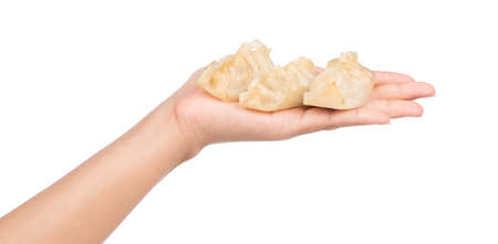 hand holding wontons isolated on white background.の写真素材