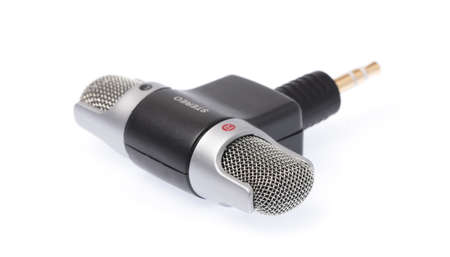 Microphone isolated on white background. Audio equipment for recording voiceovers.の写真素材