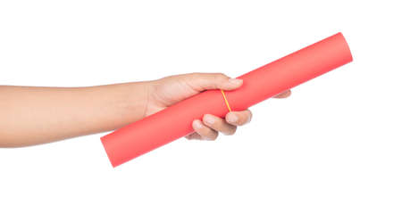 hand holding Roll of paper isolated on white backgroundの写真素材