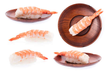 Collection of sushi shrimp on plate isolated on a white backgroundの写真素材