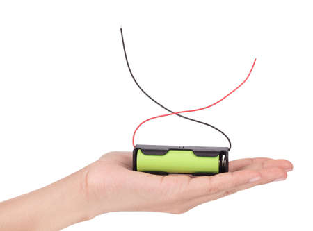 Hand holding 18650 3.5v Battery Holder Case isolated on white background
