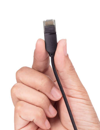 Hand holding LAN connection RJ45 cabl isolated on white background.