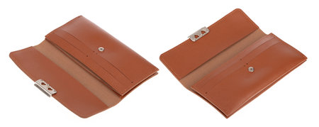 Collection Brown leather purse isolated on white background.