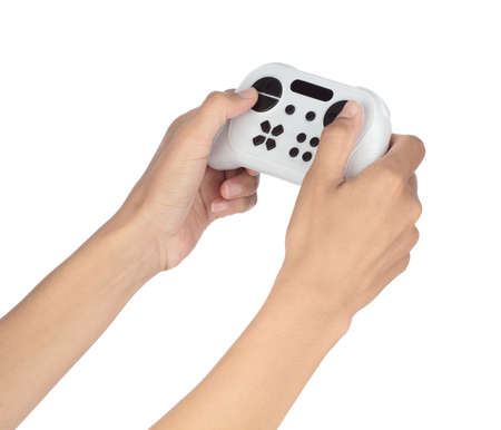 Hand holding Remote control isolated on white background.