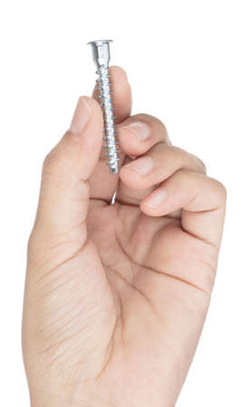 Hand holding Wood Screw Isolated on white Background.の写真素材