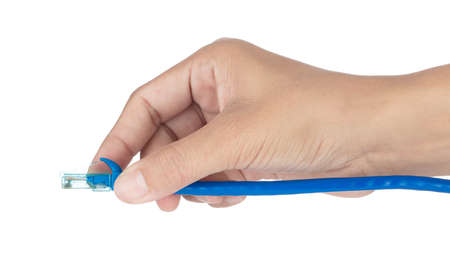 Hand holding Blue of LAN network connection ethernet cable Isolated on White background.