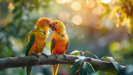In a sunlit aviary, a pair of Sun Conures interact playfully, their bright feathers glowing.の素材