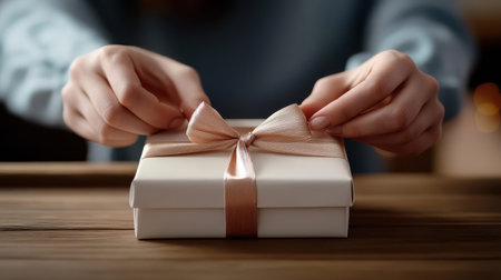 Hands tying ribbon around gift box, symbolizing love and thoughtfulness.の素材