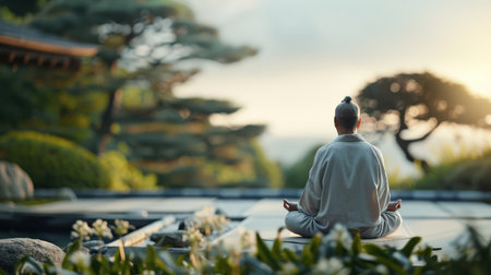 A person meditating in a peaceful garden, finding inner peace and balance.の素材