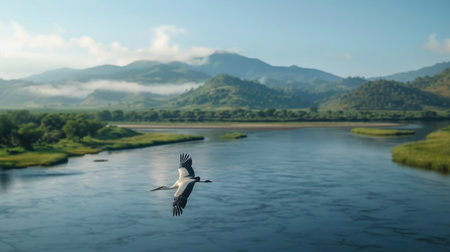 Above a river delta, a stork glides effortlessly, the landscape below.の素材