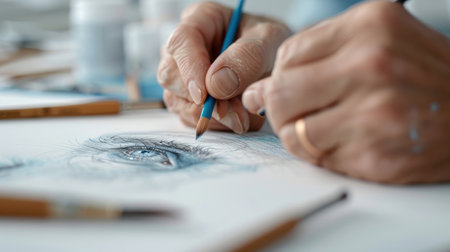 An artist's hands meticulously drawing a portrait of a loved one.の素材