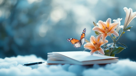 Surreal vision of notebook morphing into butterfly, pen into flower stem, and lilies blooming on cloud.の素材