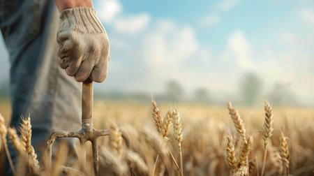 A farmer stands in a wheat field with a row of high-voltage poles in the background.の素材