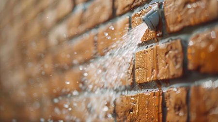 A high-pressure water jet cleans a brick wall.の素材