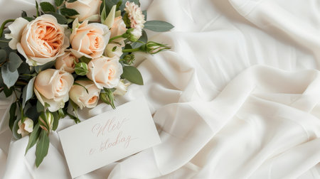 A flat-lay of pastel roses in a heart shape with a romantic calligraphy card on silk.の素材