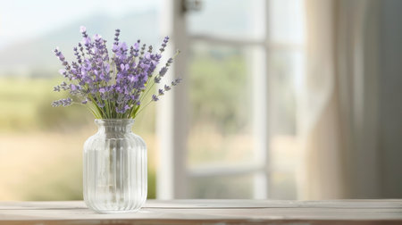A crystal vase with lavender in a Victorian parlor.の素材