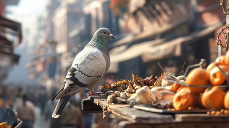 High above a marketplace, a pigeon glides effortlessly, observing the lively scene below.の素材
