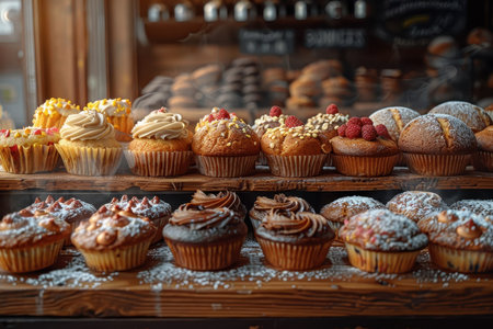Assortment of muffins on a rustic wooden table.の素材