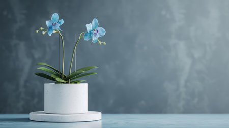 A minimalist white pedestal adorned with a blue orchid in a dark room.の素材