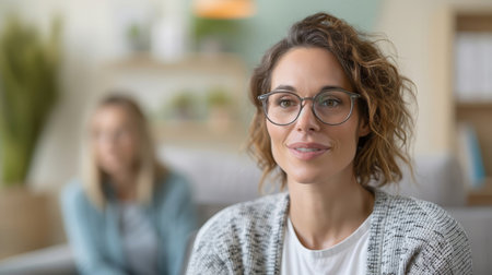 A compassionate therapist listens intently to a client in a warmly lit office.の素材