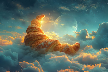 Whimsical scene of a giant croissant floating in the sky.の素材
