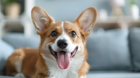 A close-up photorealistic image of a Welsh Corgi's face.の素材