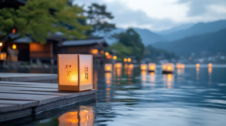 Japanese lantern festival with lanterns floating down river.の素材