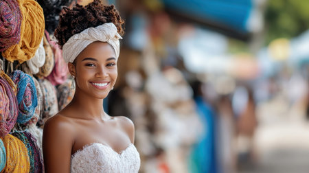 African women showcasing intricate wedding dresses at a vibrant bridal boutique.の素材