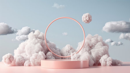 3D pink podium, pastel sky background, cloud platform, minimal abstract product showcase, geometric pedestal, soft smoke.の素材