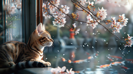 Bengal cat enjoying a serene moment in a tranquil Japanese garden with koi ponds, cherry blossoms, and traditional lanterns.の素材
