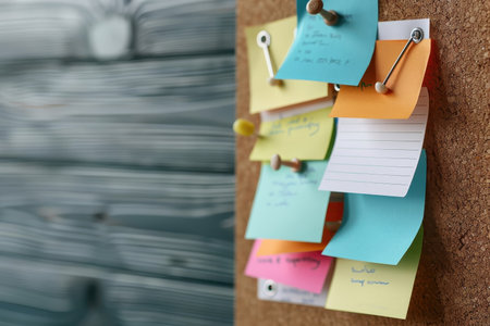 Vintage-style image of colorful sticky notes on a corkboard.の素材