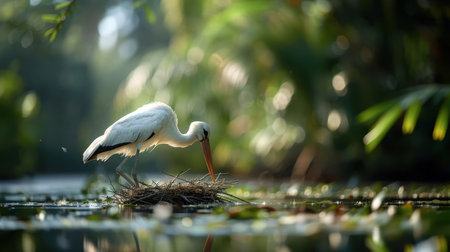 In a secluded pond, a stork tends to its nest among lush greenery.の素材