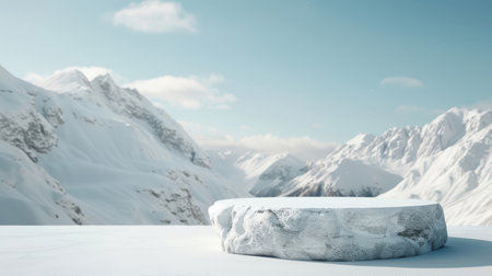 Winter-themed 3D podium, ice design, snowy mountain, frozen platform, blue sky, and cool glacier landscape.の素材