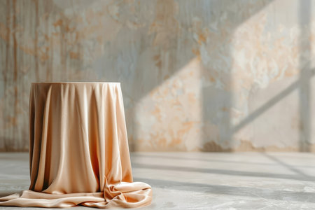 A spotlight illuminates a velvet podium draped in luxurious fabric, emphasizing its smooth curves and elegant design in a majestic ballroom.の素材