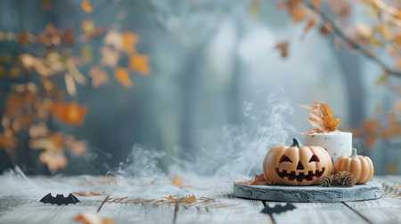 Spooky Halloween scene with product on pumpkin podium, dark autumn backdrop, purple highlights, smoke, and bats.の素材