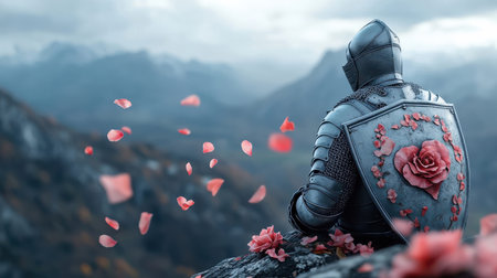 Knight's shield transforming into rose bush, petals scattering in the wind.の素材